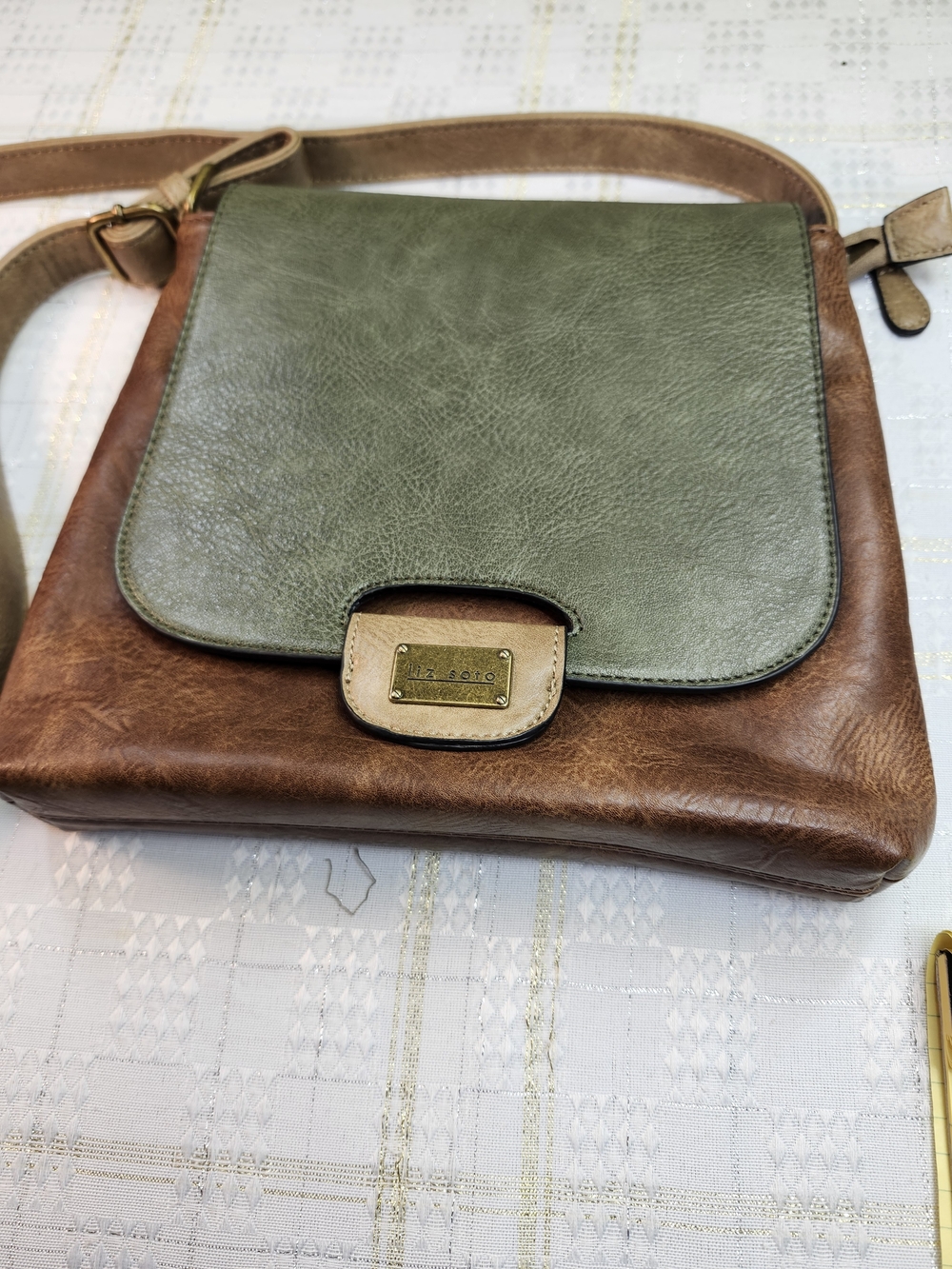 LizSoto Two-Tone Olive Green & Brown Crossbody Bag with Front Clasp